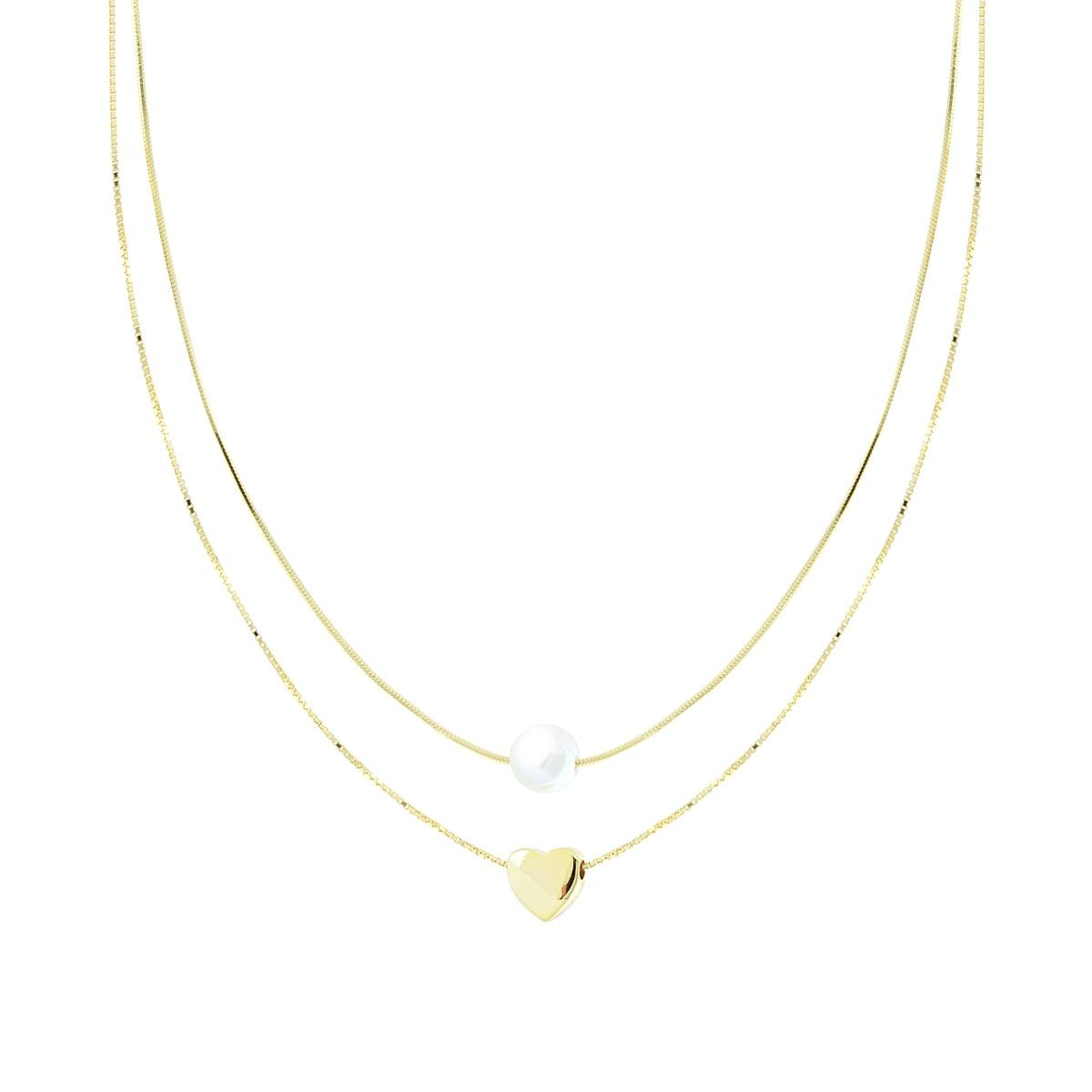 Collana due fili Catena Veneziana Diamantata e Coda di Topo con Cuore e Perla centrali in ARGENTO 925 Galvanica Oro
