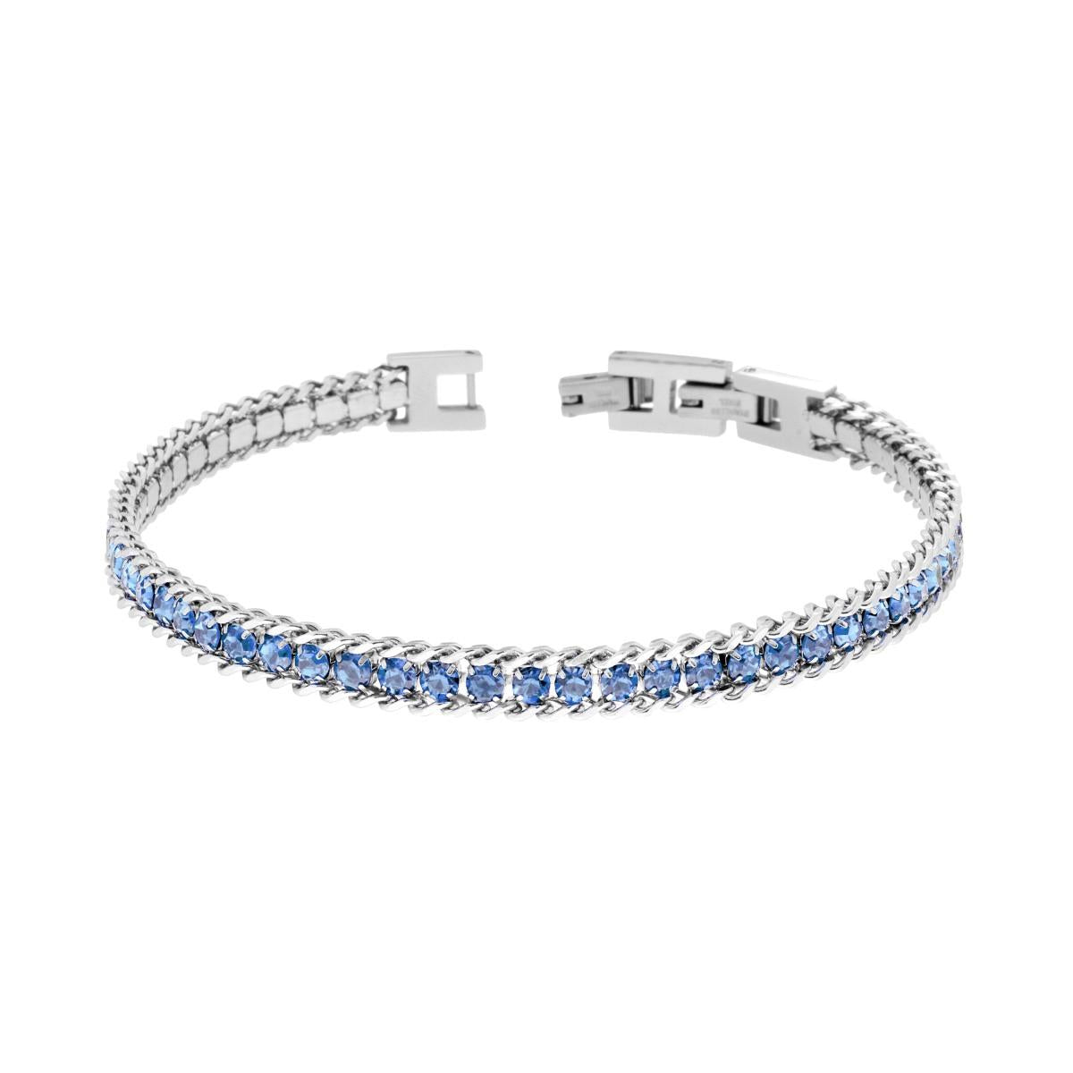 Bracciale Catena Grumetta con Tennis Crystal Acquamarina in ACCIAIO