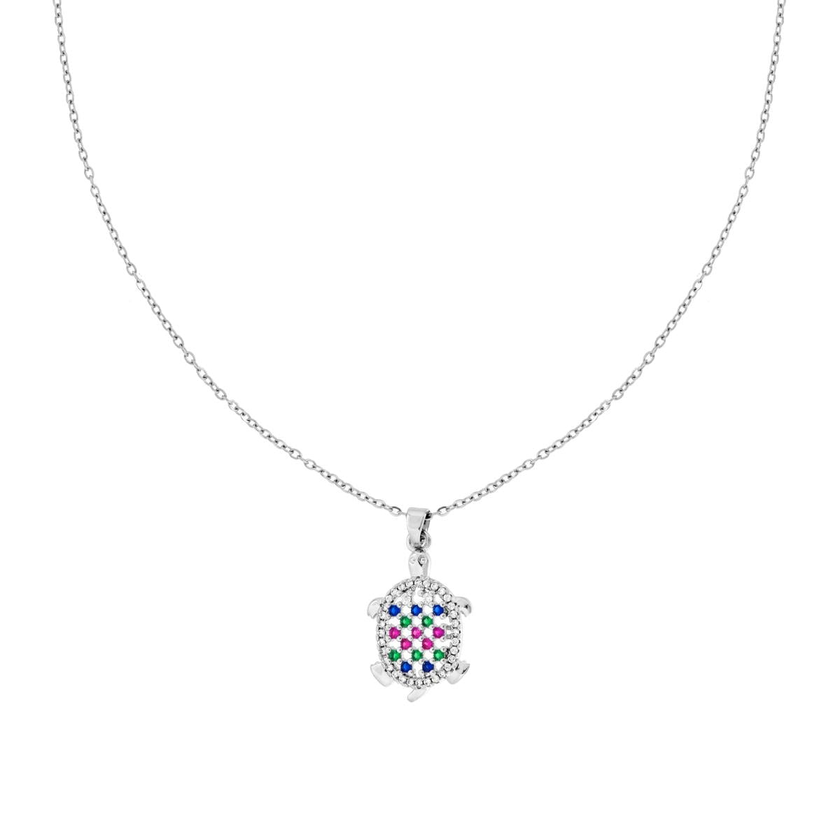 Collana Catena Forzatina Diamantata con Tartaruga e Crystal Multicolor in ACCIAIO