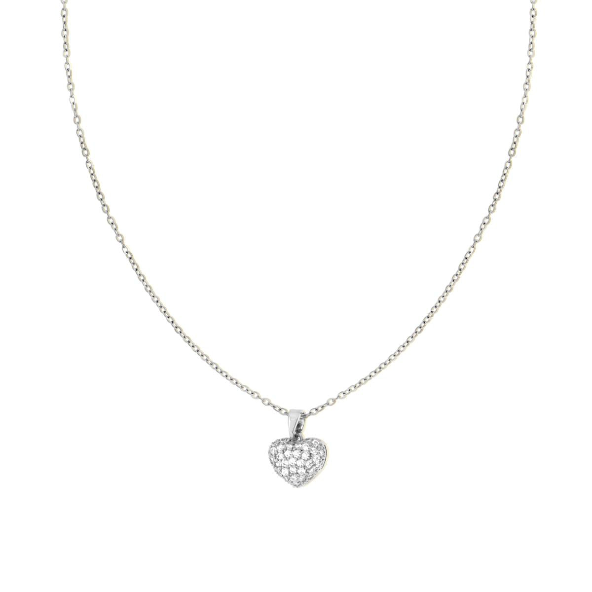 Collana Catena Forzatina Diamantata con Cuore Bombato e Crystal Bianchi in ACCIAIO