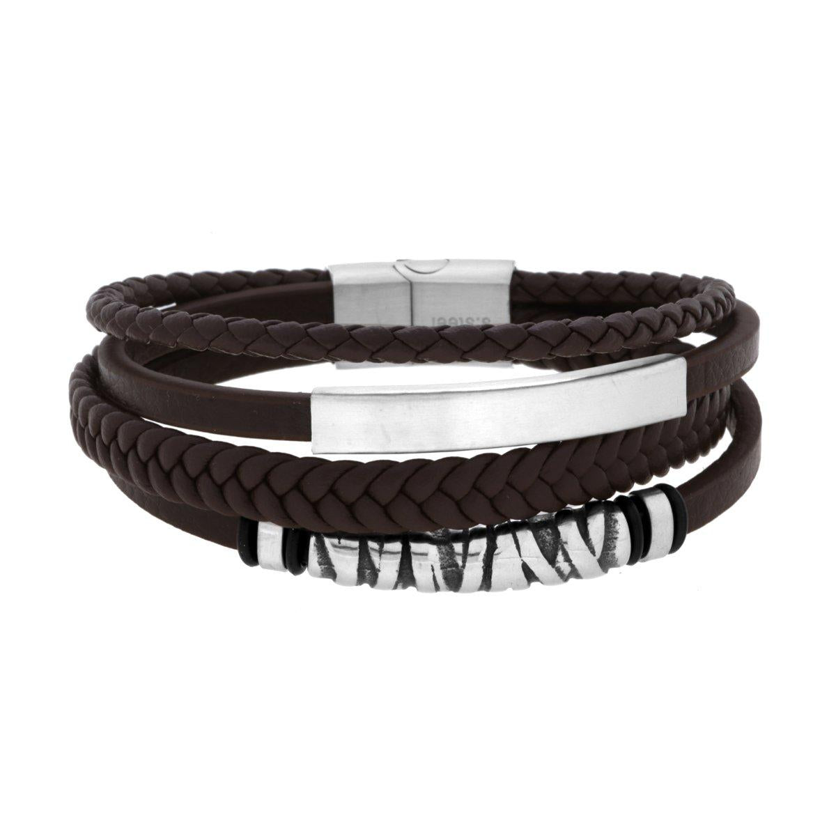 Bracciale Uomo Multifilo in Ecopelle Marrone con Targhe in ACCIAIO
