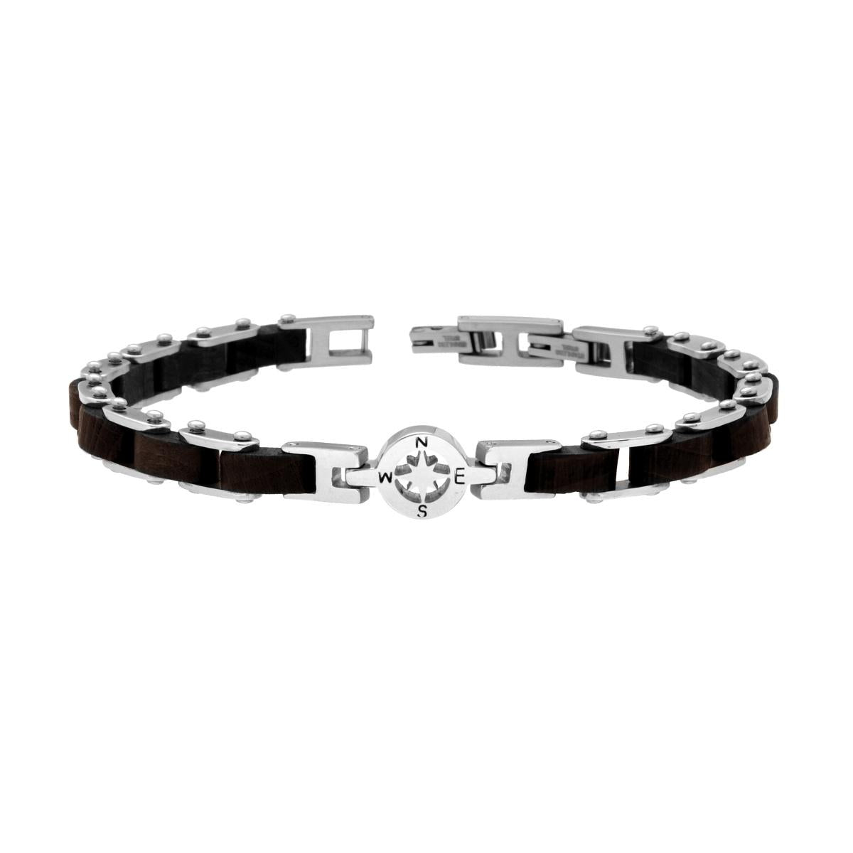 Bracciale Uomo Maglia Imperniata in Legno Nero e Rosa dei Venti in ACCIAIO