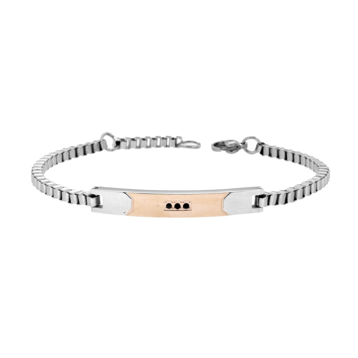 Bracciale Uomo Catena Veneziana con Targa Rosa e Crystal Neri in ACCIAIO