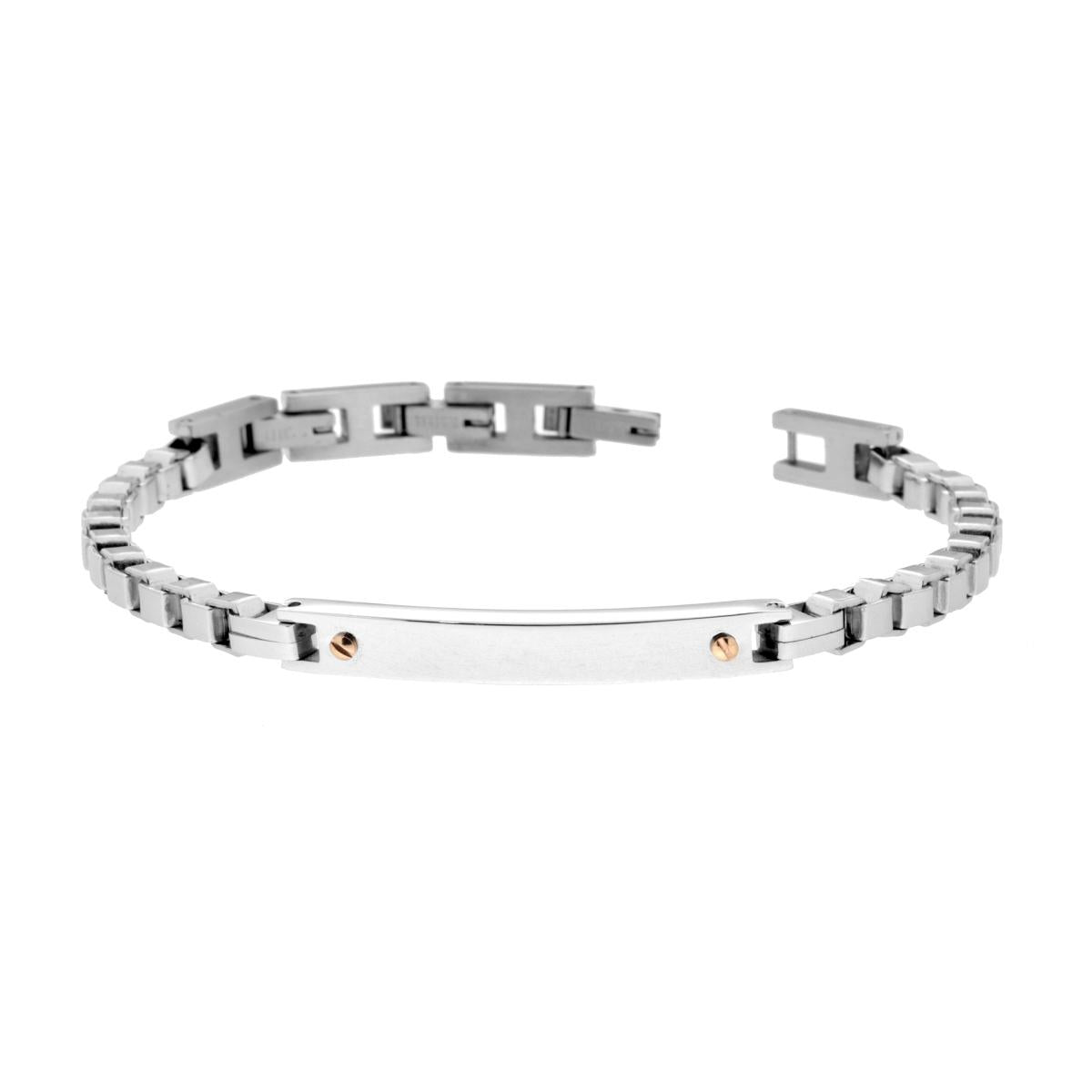 Bracciale Uomo Catena Veneziana con Targa e Punti Rosa in ACCIA