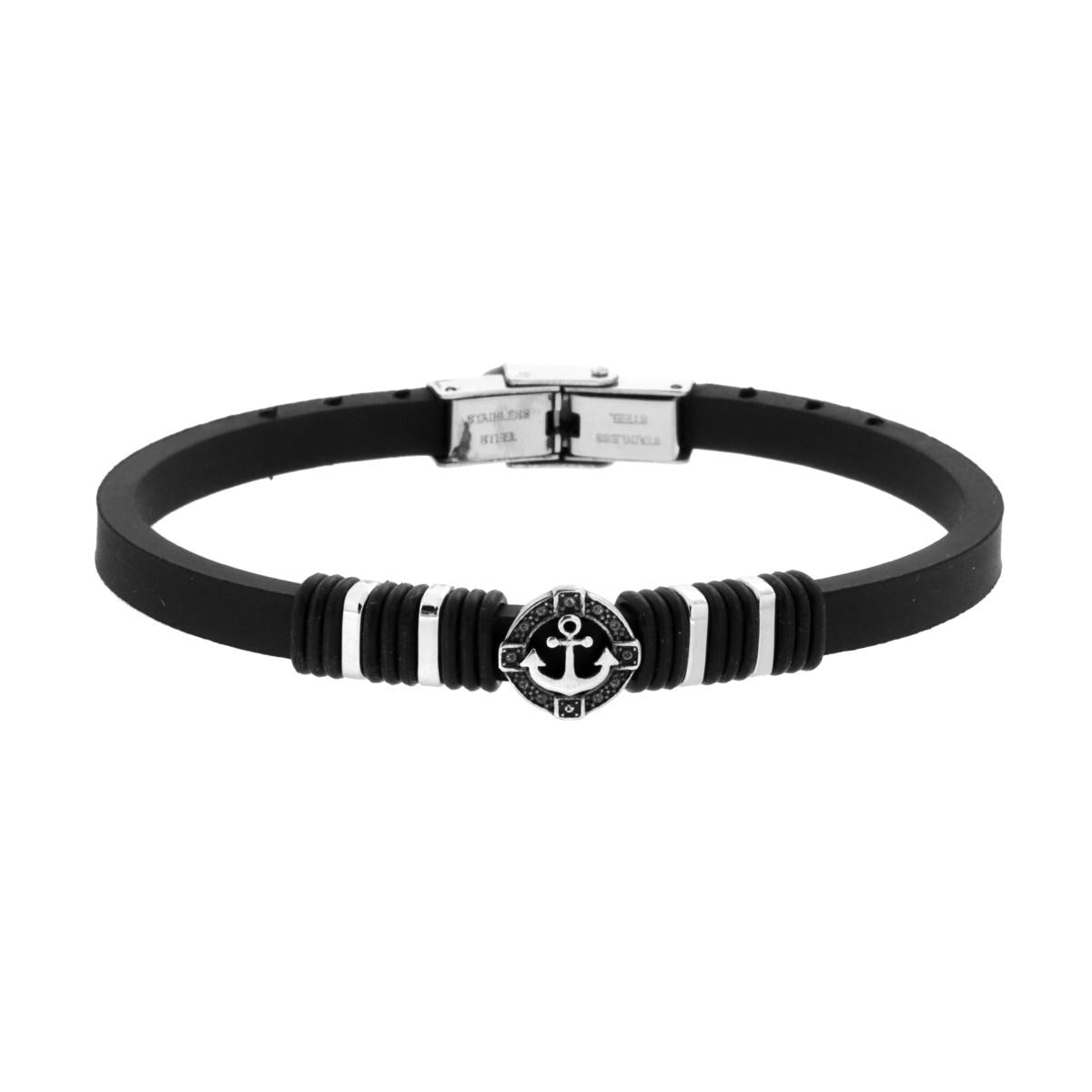 Bracciale Uomo in Caucciu PVC Nero con Ancora e Accessori in ACCIAIO