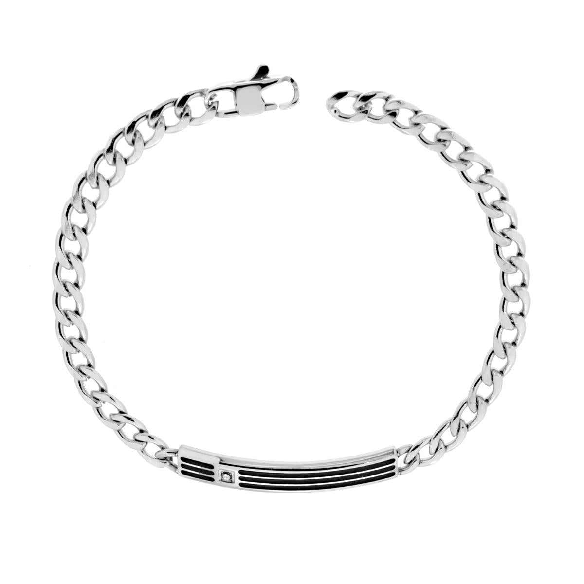 Bracciale Uomo Catena Grumetta con Targa e Crystal Bianco in ACCIAIO