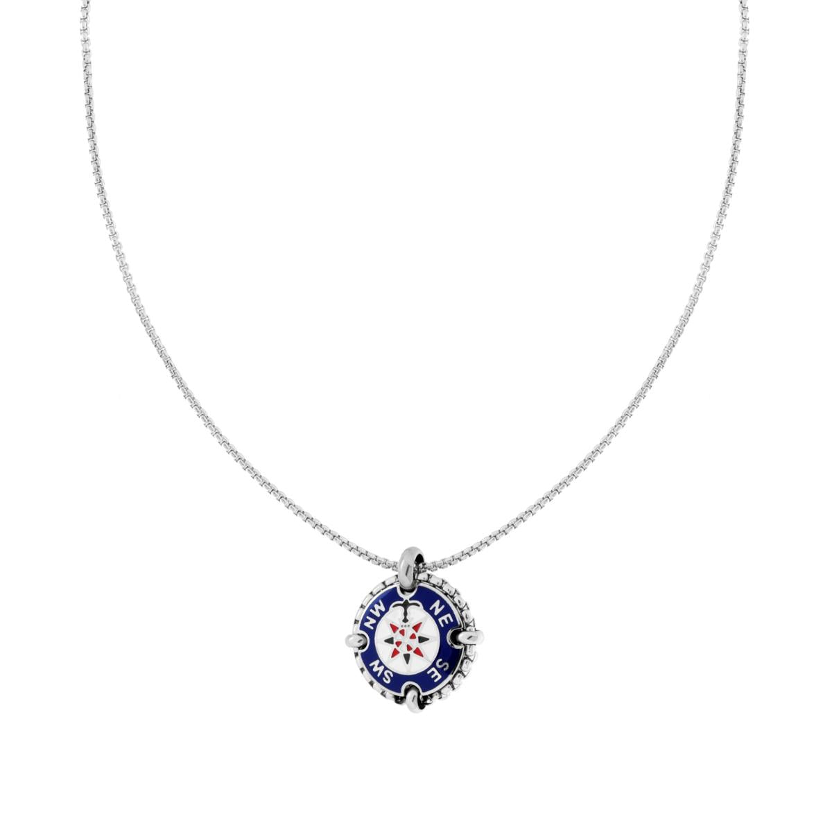 Collana Catena Veneziana Tonda con Tondo Smalto Multicolor e Rosa dei Venti in ACCIAIO