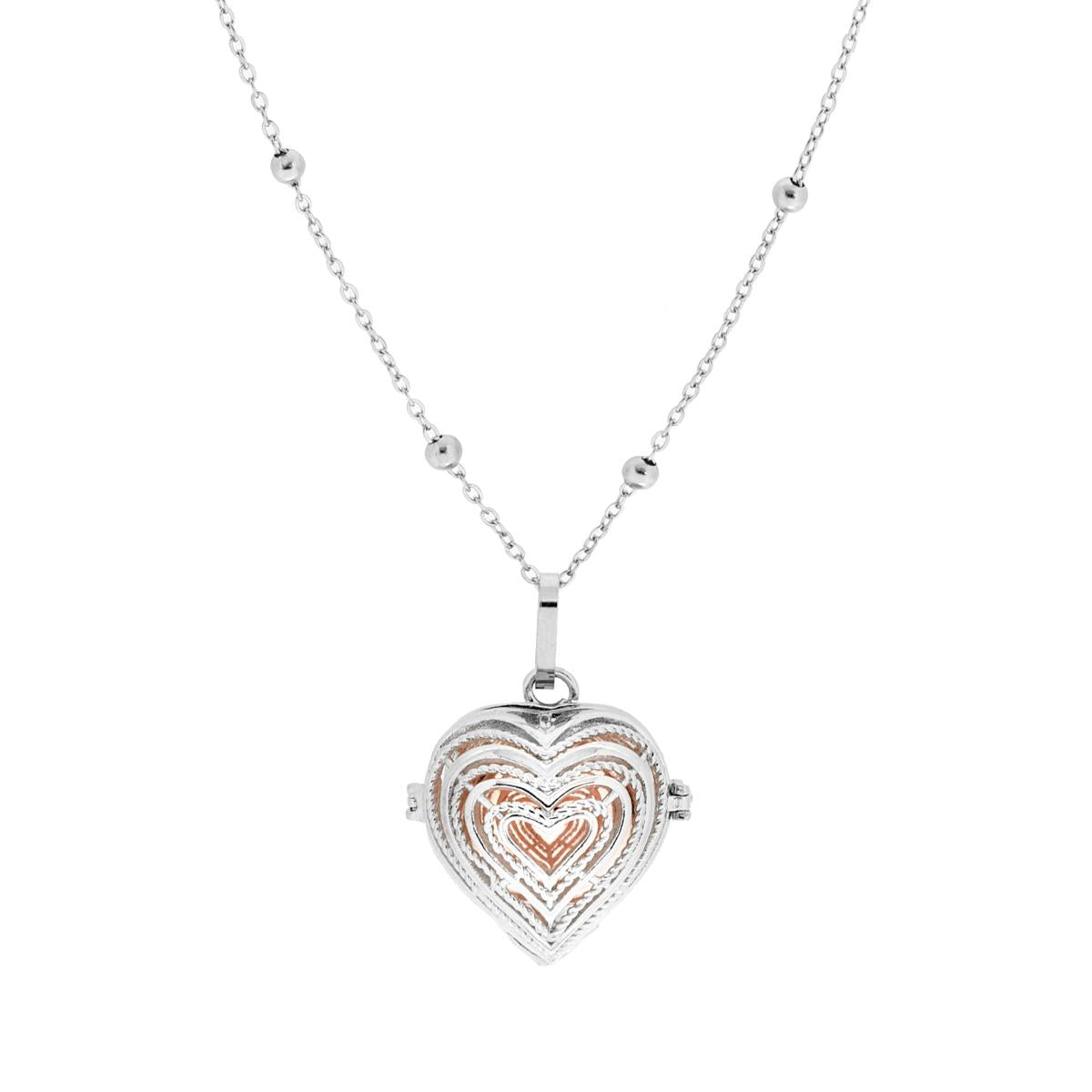 Collana Catena Forzatina con Palline e Chiama Angeli Cuore e Sonaglio Rosa in ACCIAIO