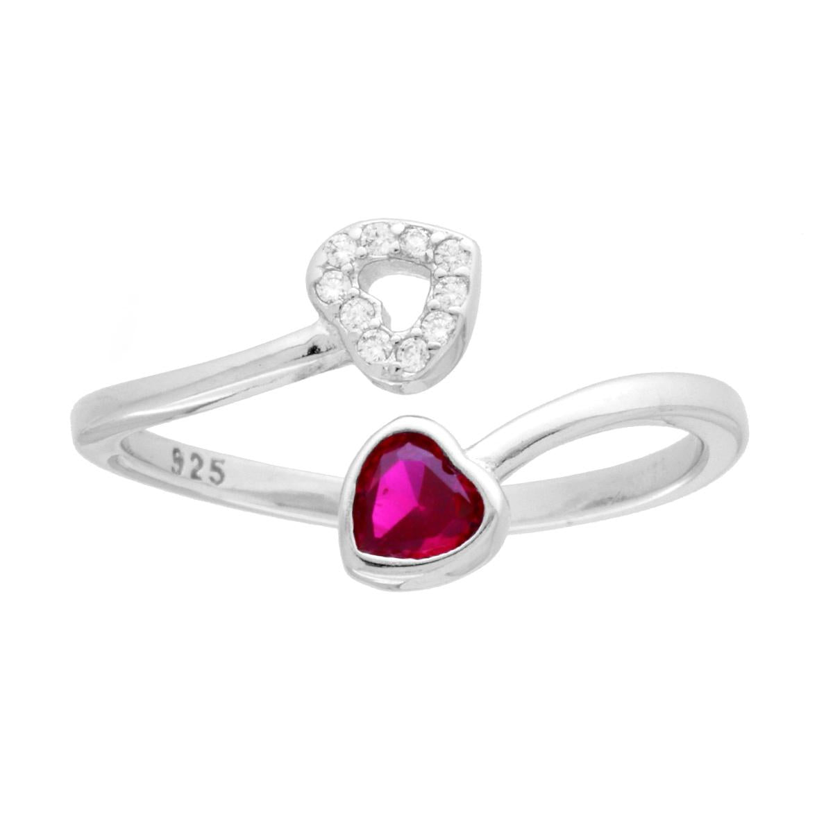 Anello Contrarie Cuori con Cubic Zirconia Rosso Rubino e Bianco in ARGENTO 925 Galvanica Rodio