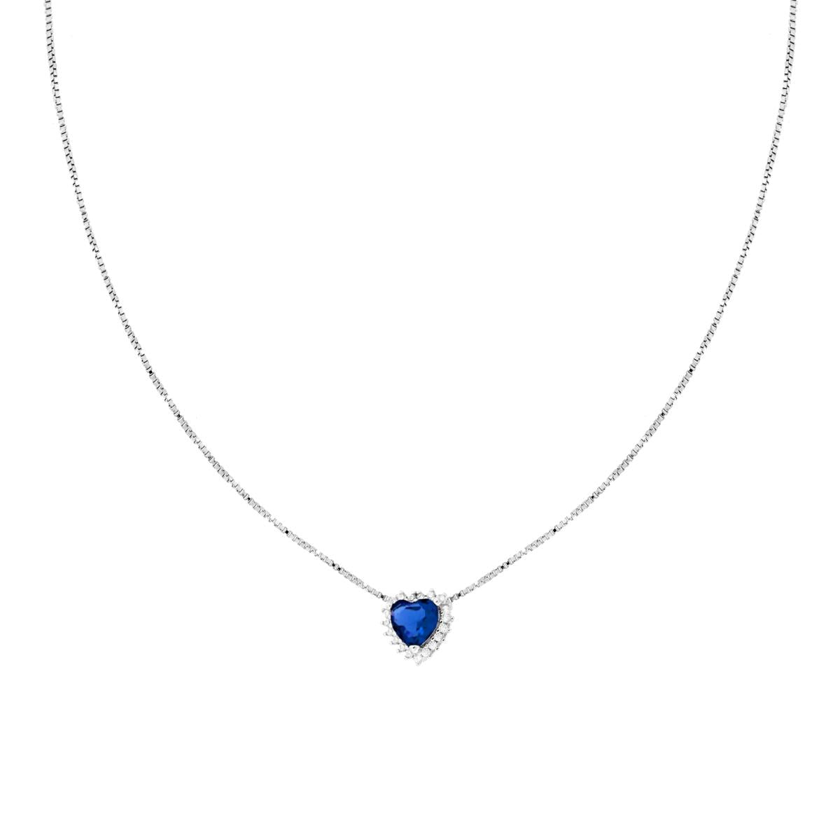 Collana Catena Veneziana Diamantata con Cuore Blu Zaffiro contornato da Cubic Zirconia Bianchi in ARGENTO 925 Galvanica Rodio