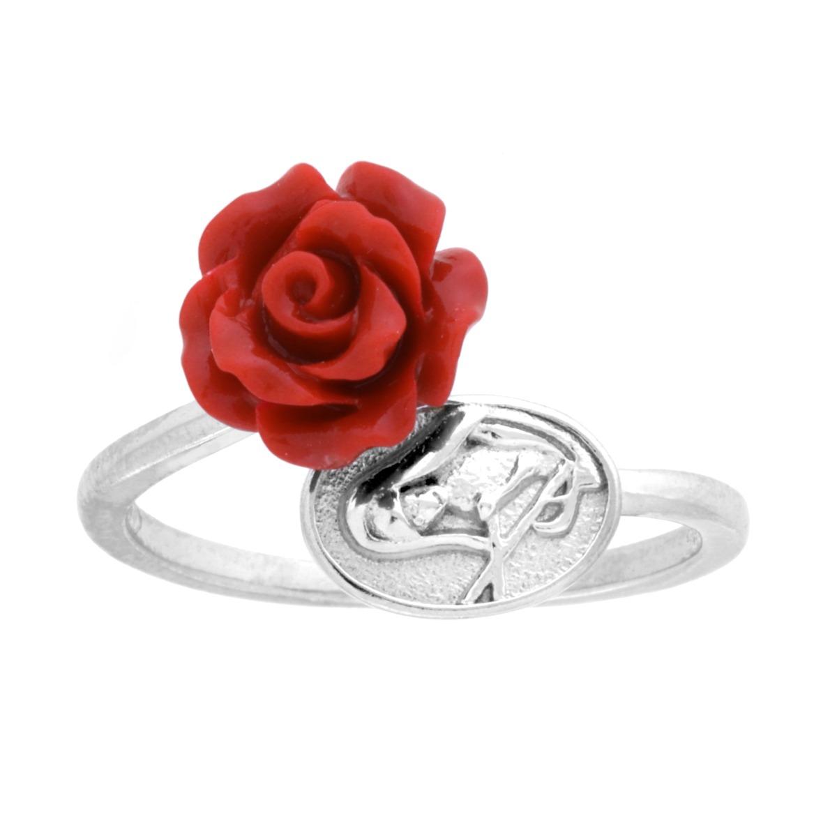 Anello Contrarie con Rosa effetto Corallo Rosso e Ovale con Santa Rosalia in ARGENTO 925 Galvanica Rodio