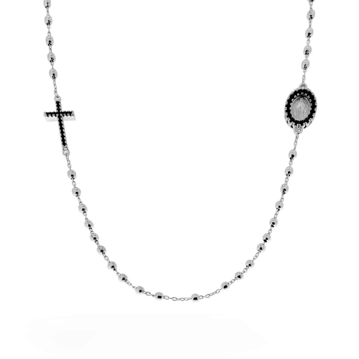 Collana Rosario modello Girocollo cm 46+4 con Grani a pallina liscia mm 2.5 e Zirconi Bianchi in ARGENTO 925 Galvanica Rodio