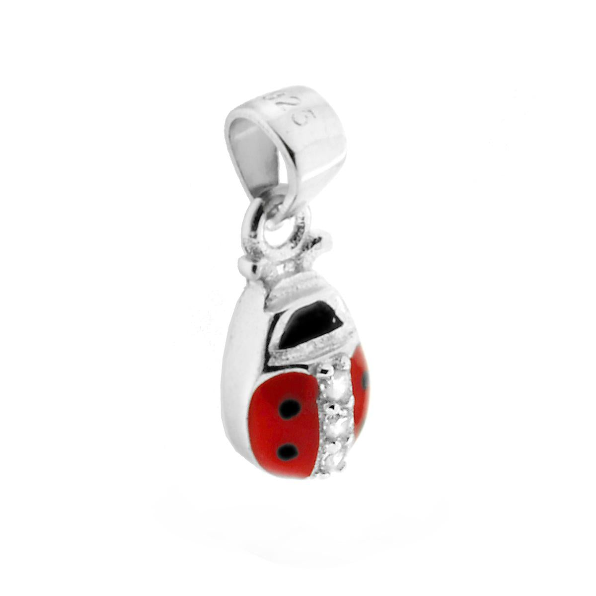 Ciondolo Portafortuna Coccinella smalto Rosso e Pois Neri con Zirconi Bianchi in ARGENTO 925 Galvanica Rodio