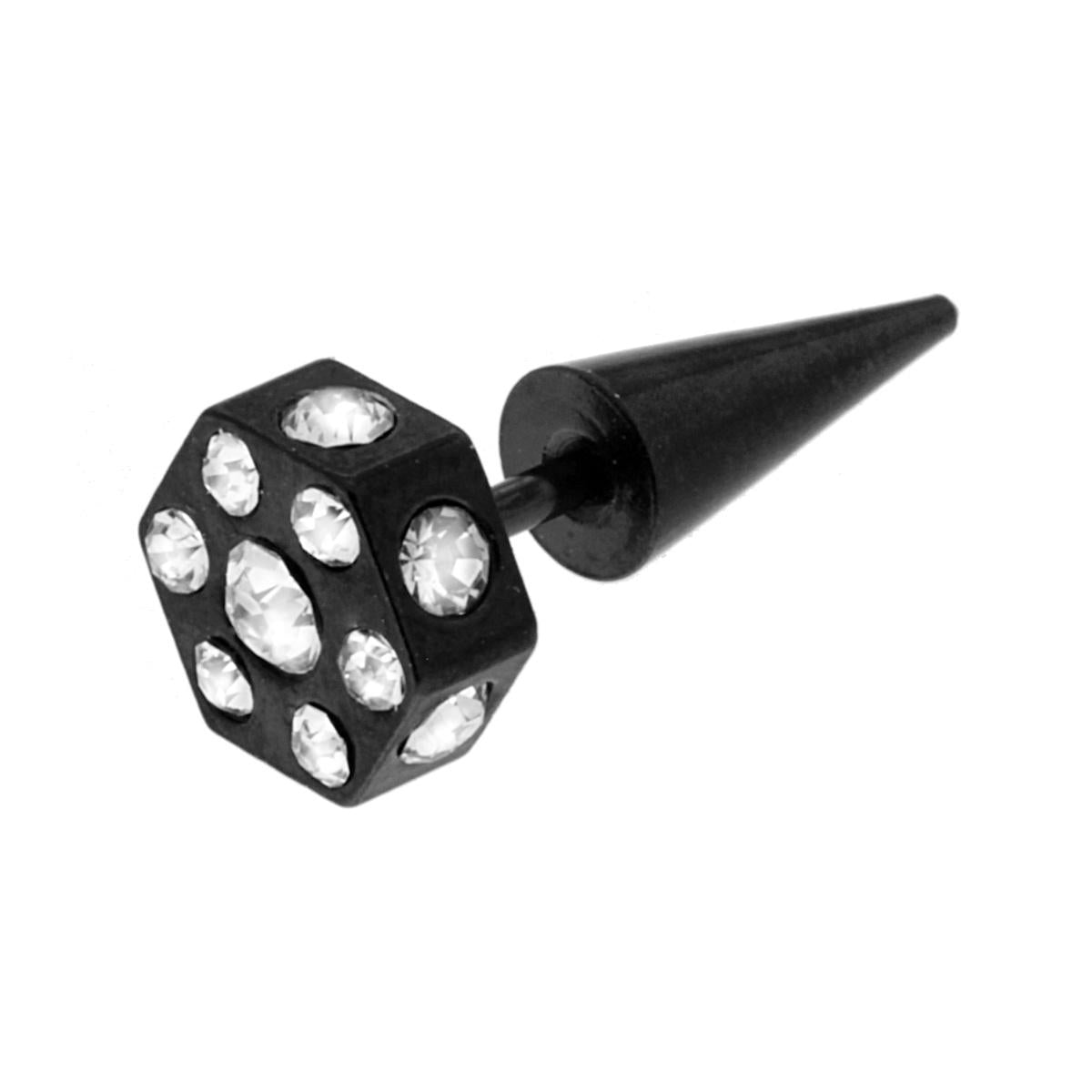 Body Piercing Fake Expander Nero mm 21.5 con Esagono mm 9 con Crystal Bianchi e Cono in ACCIAIO Chirurgico