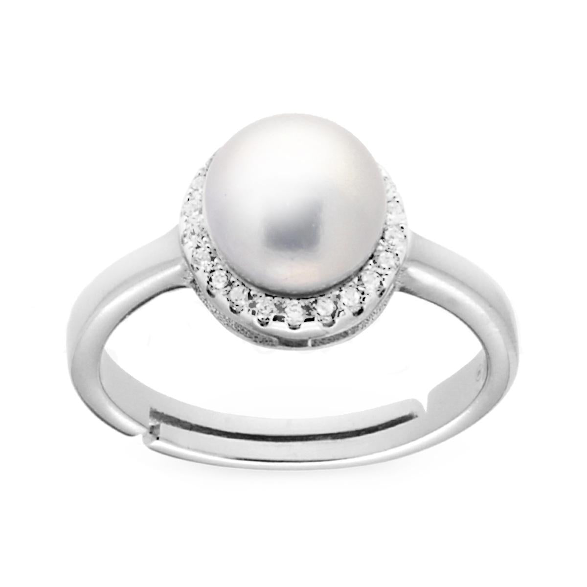 Anello con Perla e Zirconi Bianchi a giro in ARGENTO 925 Galvanica Rodio