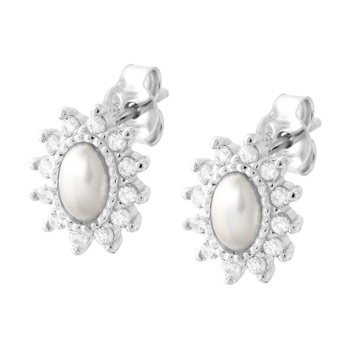 Orecchini Ovali con Perla e Cubic Zirconia Bianchi in ARGENTO 925 Galvanica Rodio