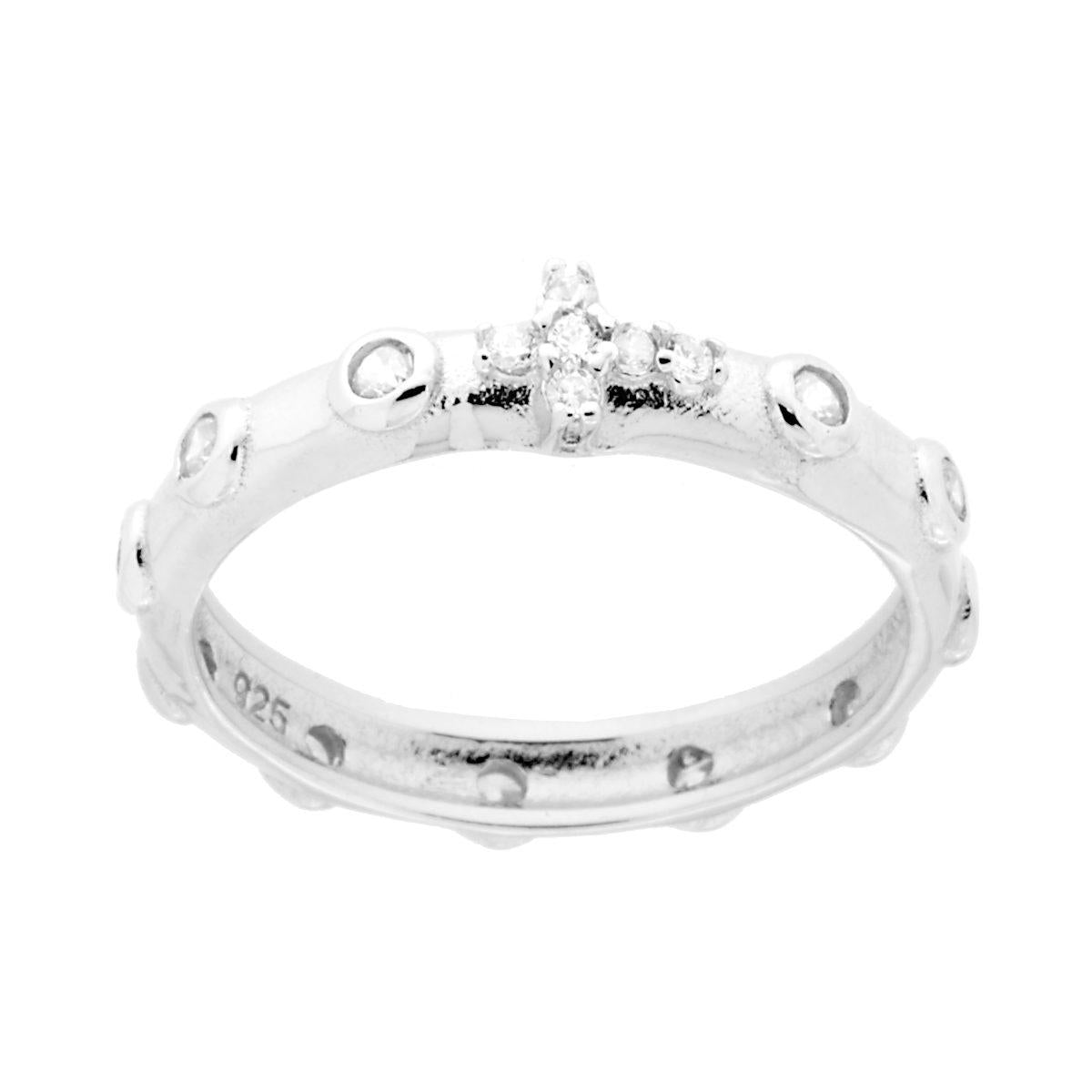 Anello Rosario con grani Zirconi Bianchi e Croce centrale con Zirconi Bianchi in ARGENTO 925 Galvanica Rodio