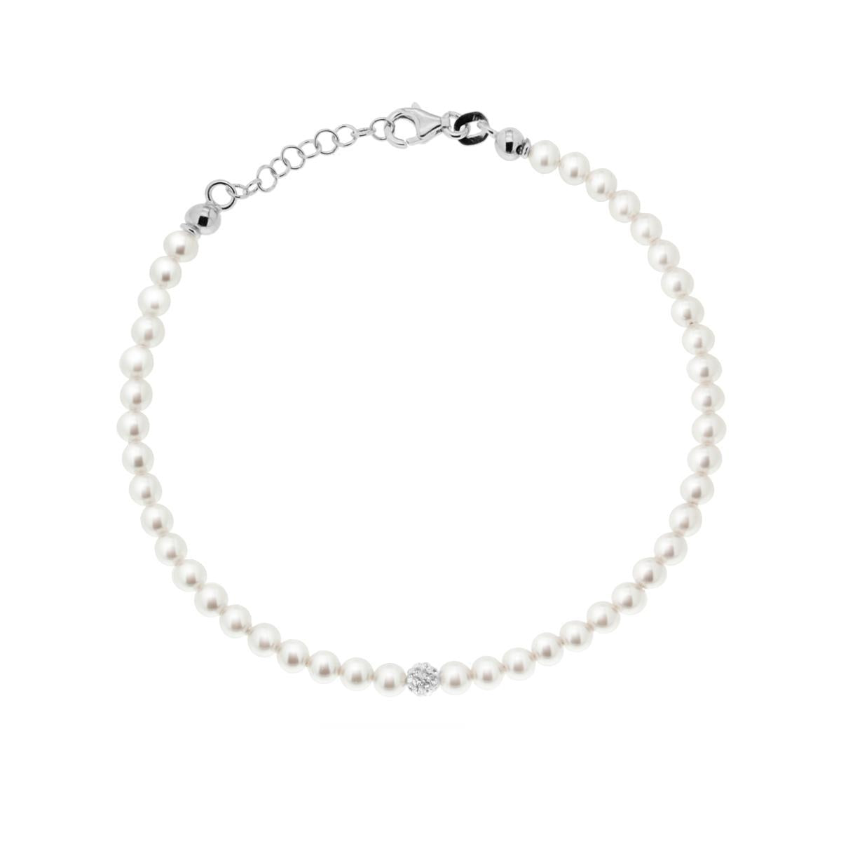 Bracciale Filo Perla Bianca mm 4 in vetro perlato con pallina Crystal Bianco con filo e chiusura in ARGENTO 925 Galvanica Rodio