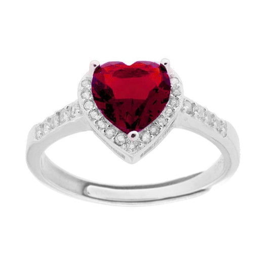 Anello Halo Solitario con Cubic Zirconia Cuore Rosso Rubino contornato con Cubic Zirconia Bianchi in ARGENTO 925 Galvanica Rodio
