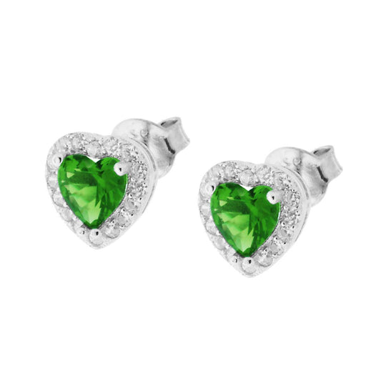 Orecchini Cuore con Zirconi Verde Smeraldo contornati con Zirconi Bianchi in ARGENTO 925 Galvanica Rodio