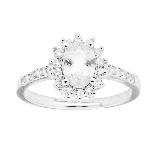 Anello Halo Solitario Ovale Bianco e Zirconi Bianchi in ARGENTO 925 Galvanica Rodio