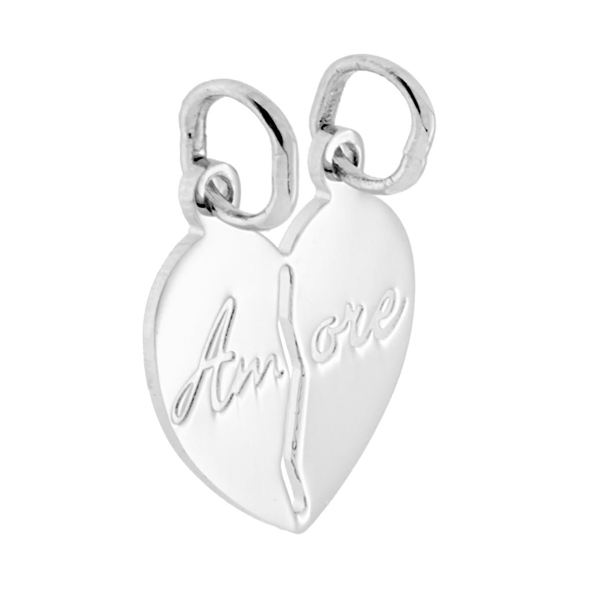 Ciondolo Cuore Spezzato che si spezza con incisione Amore in ARGENTO 925 Galvanica Rodio<BR>