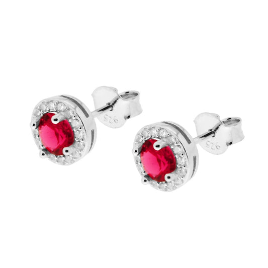 Orecchini forma Tonda con Zircone Rosso Rubino contornato con Zirconi Bianchi in ARGENTO 925 Galvanica Rodio