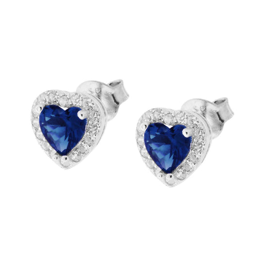 Orecchini Cuore con Zirconi Blu Zaffiro contornati con Zirconi Bianchi in ARGENTO 925 Galvanica Rodio