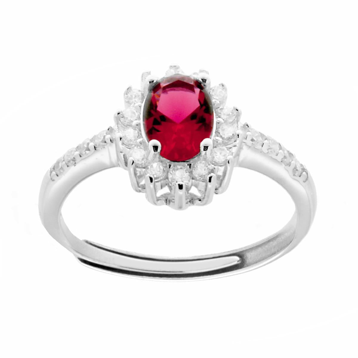 Anello Halo Solitario con Zircone Ovale colore Rosso Rubino e Zirconi Bianchi in ARGENTO 925 Galvanica Rodio