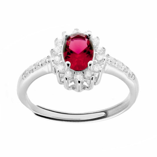 Anello Halo Solitario con Zircone Ovale colore Rosso Rubino e Zirconi Bianchi in ARGENTO 925 Galvanica Rodio