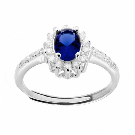 Anello Halo Solitario con Zircone Ovale colore Blu Zaffiro e Zirconi Bianchi in ARGENTO 925 Galvanica Rodio