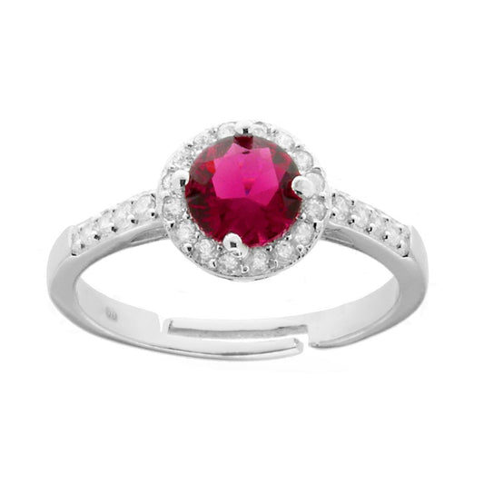 Anello Halo Solitario con Zircone Tondo Rosso Rubino contornato con Zirconi Bianchi in ARGENTO 925 Galvanica Rodio
