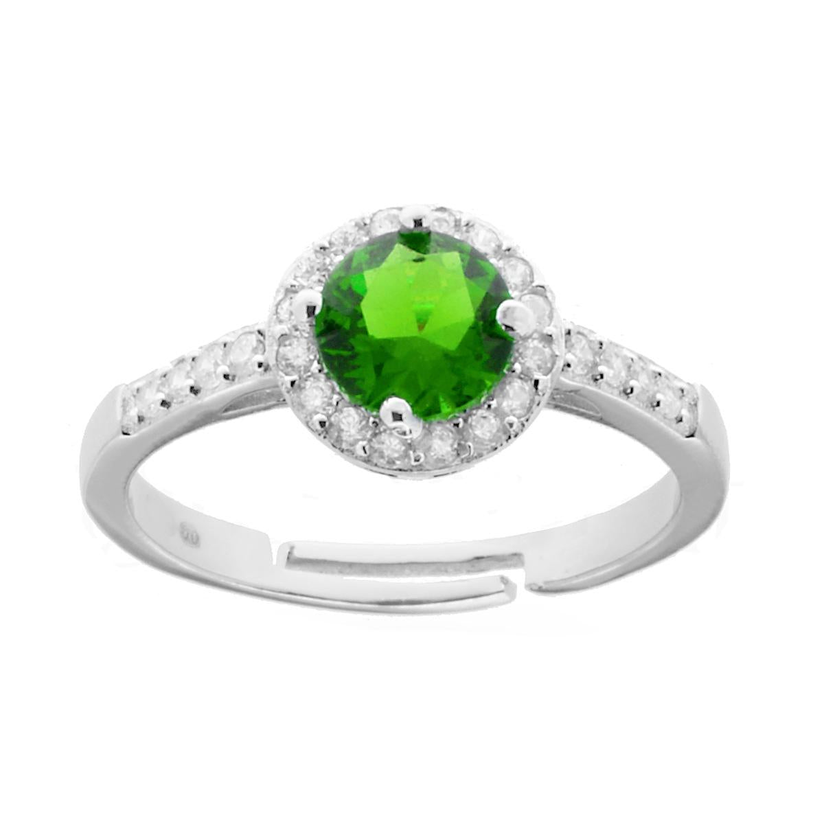 Anello Halo Solitario con Zircone Tondo Verde Smeraldo contornato con Zirconi Bianchi in ARGENTO 925 Galvanica Rodio