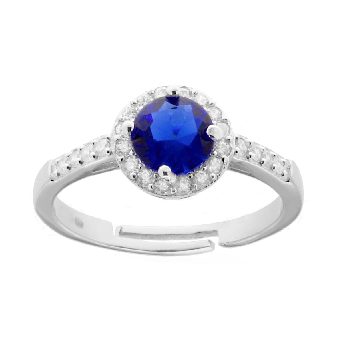 Anello Halo Solitario con Zircone Tondo Blu Zaffiro contornato con Zirconi Bianchi in ARGENTO 925 Galvanica Rodio