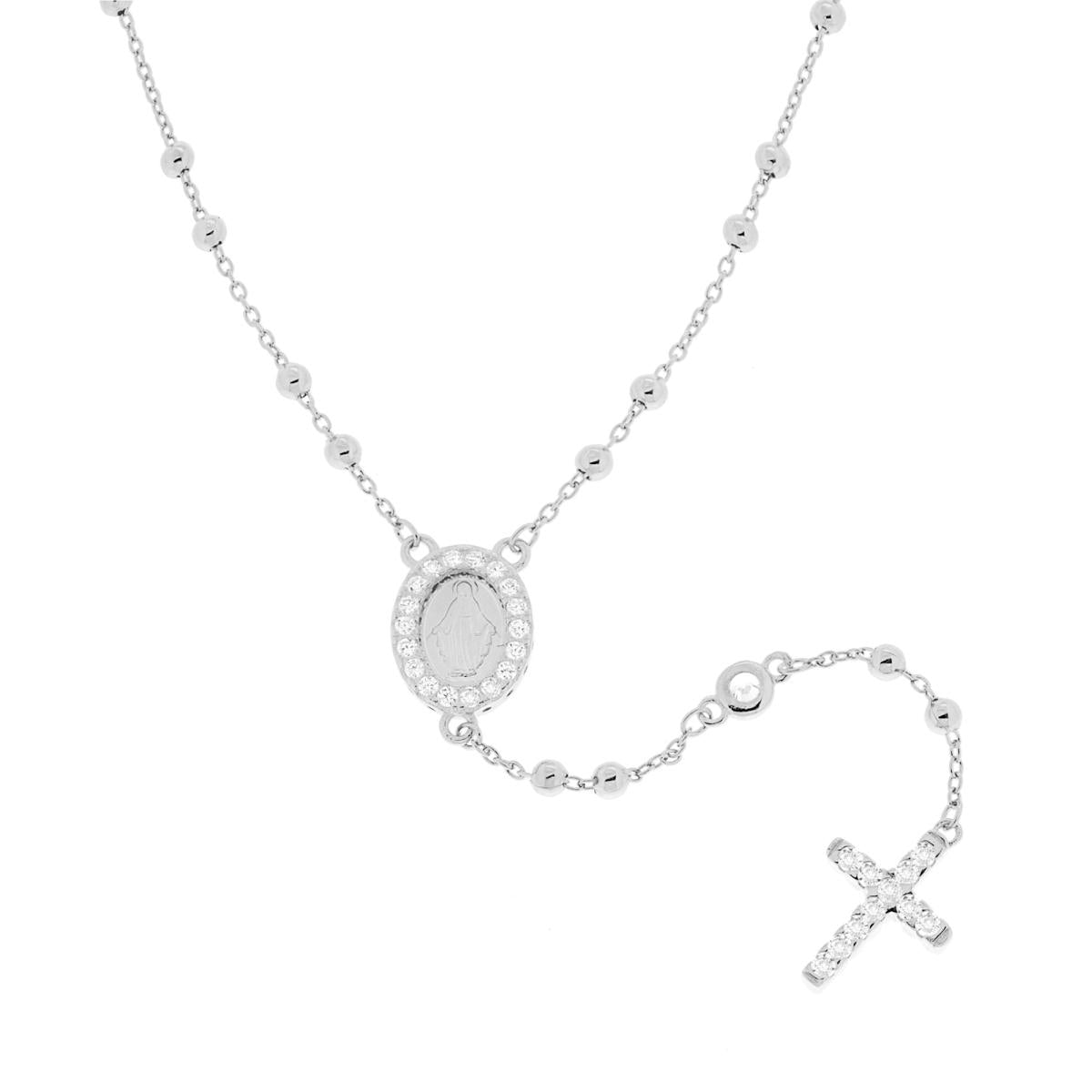 Collana Rosario modello classico cm 52+4 con Grani a pallina liscia mm 2.6 e Zirconi Bianchi in ARGENTO 925 Galvanica Rodio