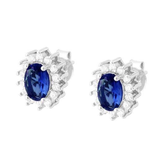 Orecchini con Zircone Ovale Blu Zaffiro contornato con Zirconi Bianchi in ARGENTO 925 Galvanica Rodio