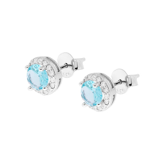 Orecchini forma Tonda con Zircone Acquamarina contornato con Zirconi Bianchi in ARGENTO 925 Galvanica Rodio