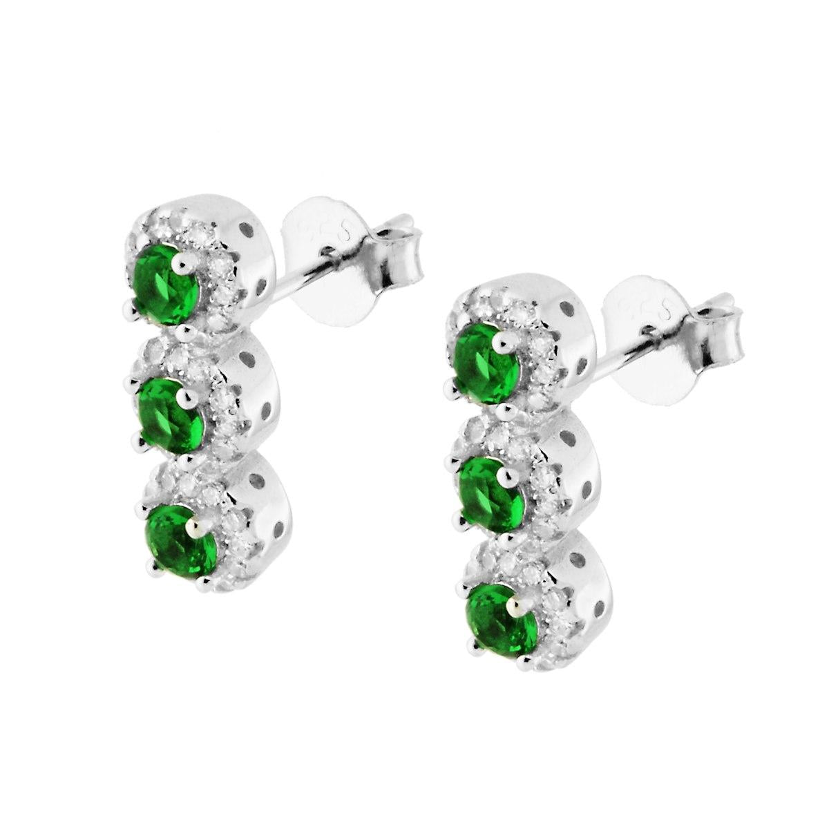 Orecchini Trilogy con Cubic Zirconia Verde Smeraldo e Bianchi in ARGENTO 925 Galvanica Rodio