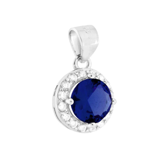 Ciondolo Tondo Blu Zaffiro con Cubic Zirconia Bianchi in ARGENTO 925 Galvanica Rodio