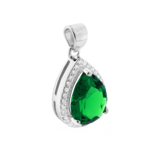 Ciondolo a Goccia con Zircone Verde Smeraldo contornato con Zirconi Bianchi in ARGENTO 925 Galvanica Rodio