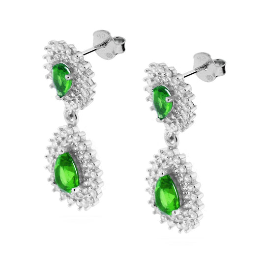Orecchini Pendenti a Goccia con Zirconi Verde Smeraldo contornati con Zirconi Bianchi in ARGENTO 925 Galvanica Rodio