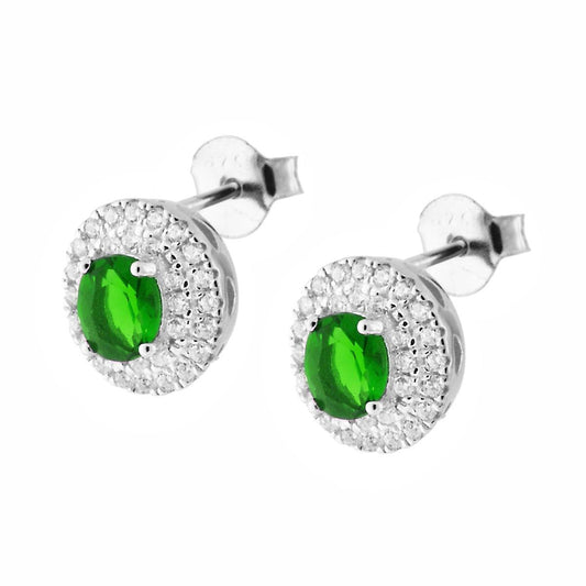 Orecchini Ovali con Zircone Verde Smeraldo contornato con Cubic Zirconia Bianchi in ARGENTO 925 Galvanica Rodio