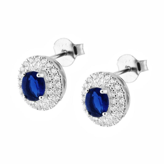 Orecchini Ovali con Zircone Blu Zaffiro e Cuori laterali contornato con Zirconi Bianchi in ARGENTO 925 Galvanica Rodio