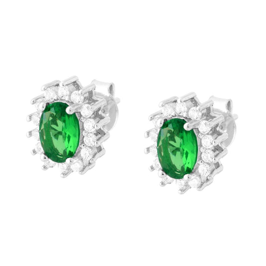 Orecchini con Zircone Ovale Verde Smeraldo contornato con Zirconi Bianchi in ARGENTO 925 Galvanica Rodio
