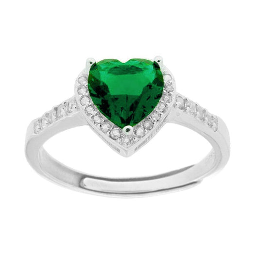 Anello Halo Solitario con Cubic Zirconia Cuore Verde Smeraldo contornato con Cubic Zirconia Bianchi in ARGENTO 925 Galvanica Rodio