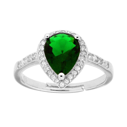 Anello Halo Solitario con Zircone a Goccia Verde Smeraldo contornato con Zirconi Bianchi in ARGENTO 925 Galvanica Rodio