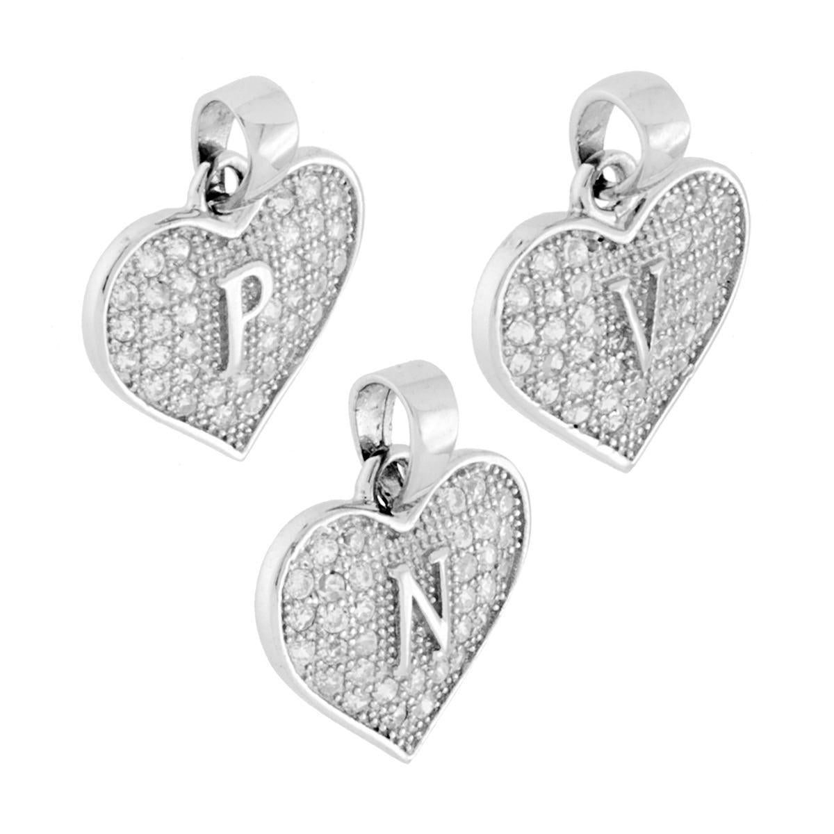 Ciondolo Lettera Iniziale Nome Cuore 14 mm con Zirconi Bianchi in ARGENTO 925 Galvanica Rodio