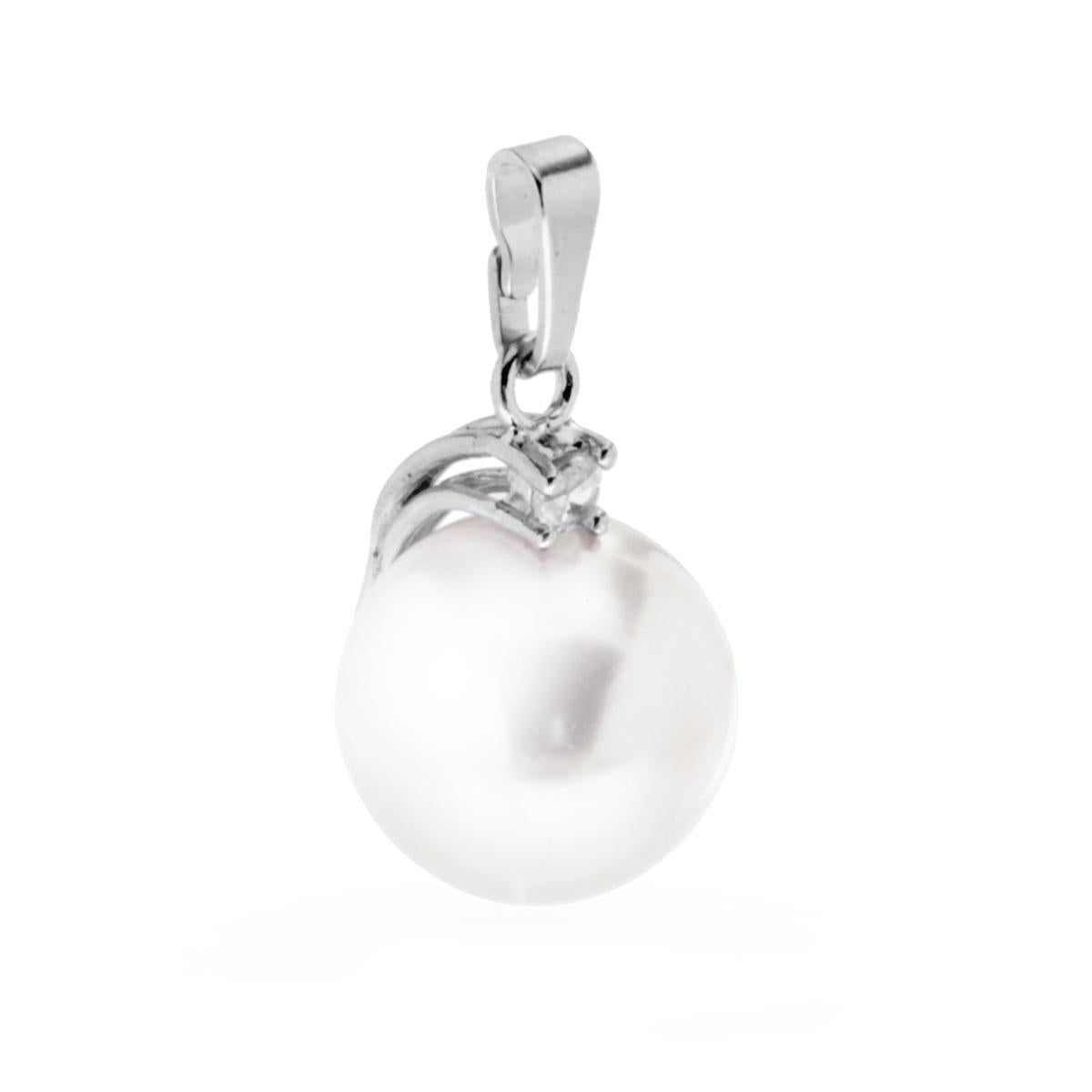 Ciondolo Perla Parigi mm 14 con Punto Luce Zircone Bianco in ARGENTO 925 Galvanica Rodio