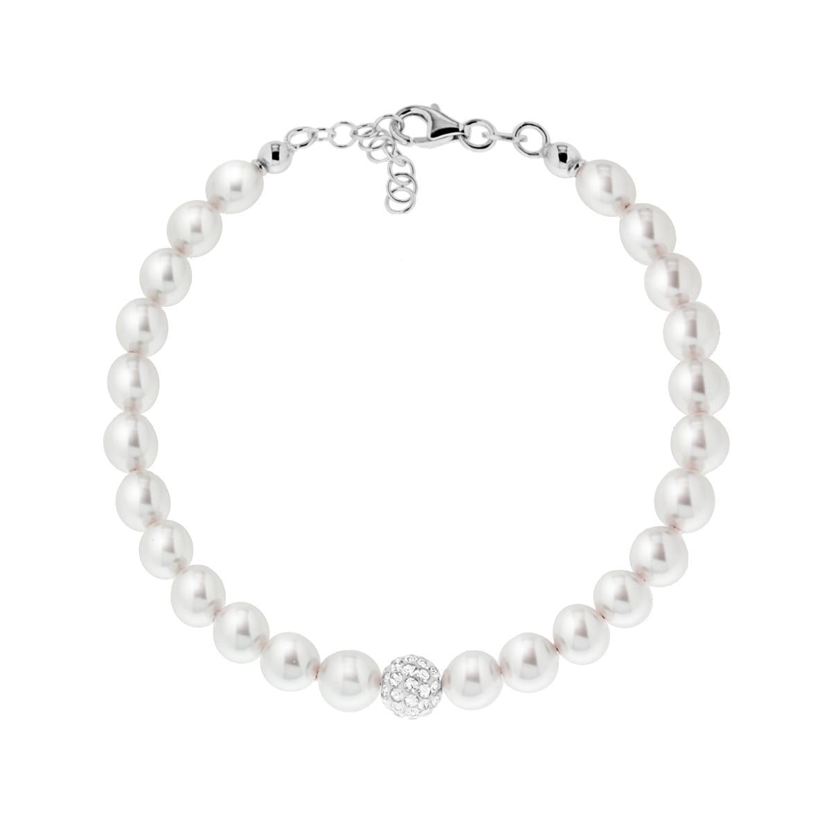 Bracciale Filo Perla Bianca mm 6 in vetro perlato con pallina Crystal Bianco con filo e chiusura in ARGENTO 925 Galvanica Rodio