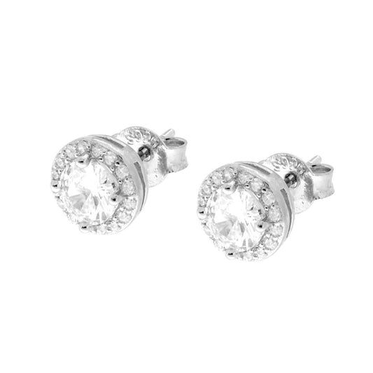 Orecchini forma Tonda con Zircone Bianco contornato con Zirconi Bianchi in ARGENTO 925 Galvanica Rodio